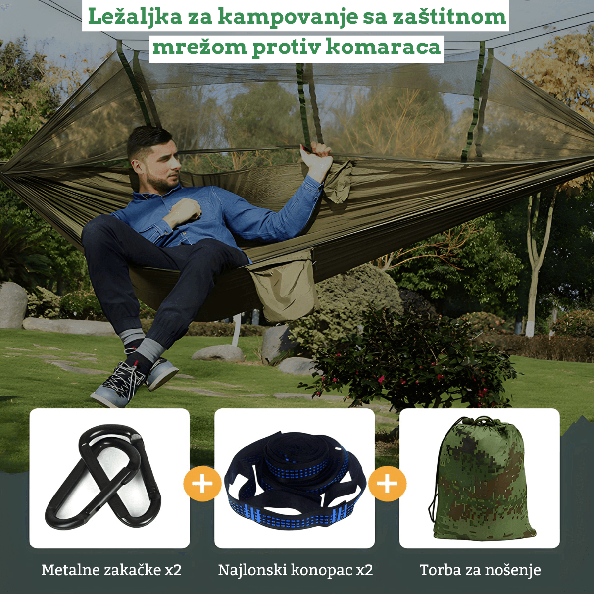 Ležaljka za kampovanje sa mrežom protiv komaraca razapeta izmedju drveća