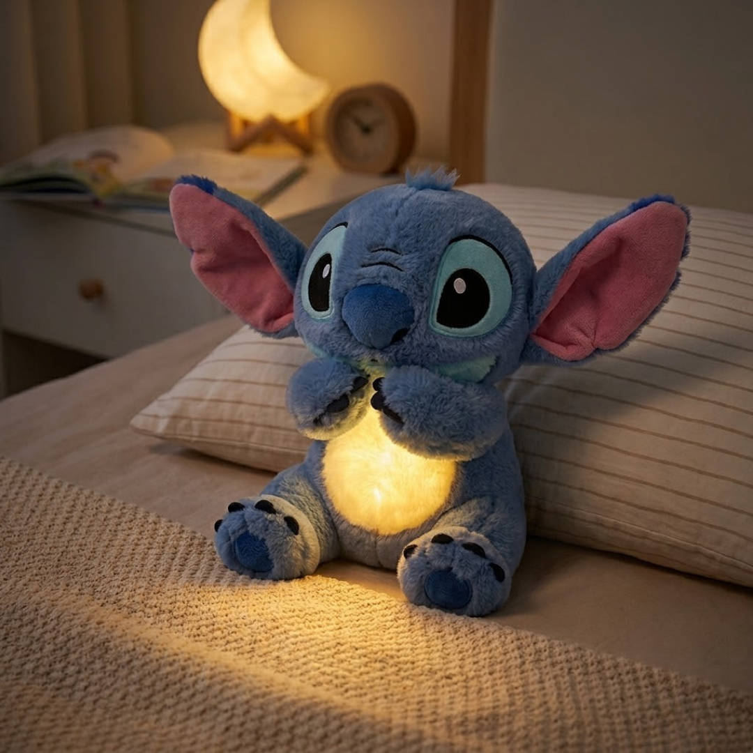 Plavi plišani Stitch koji diše sa osvijetljenim stomakom