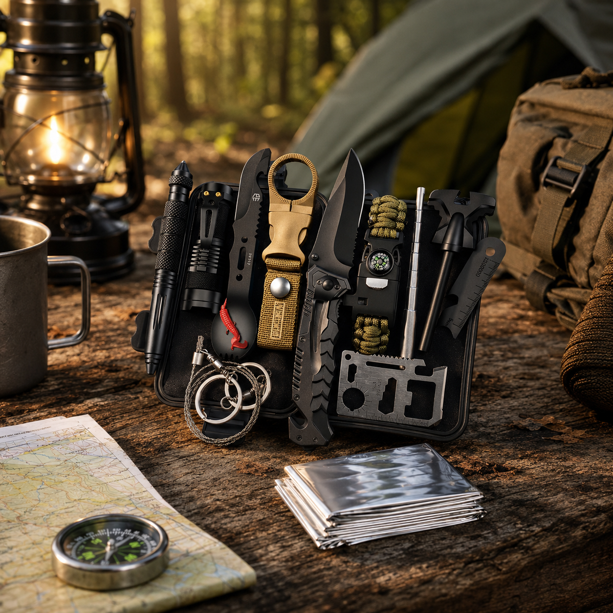 Survival set 69 u 1 složen uz torbicu u prirodi