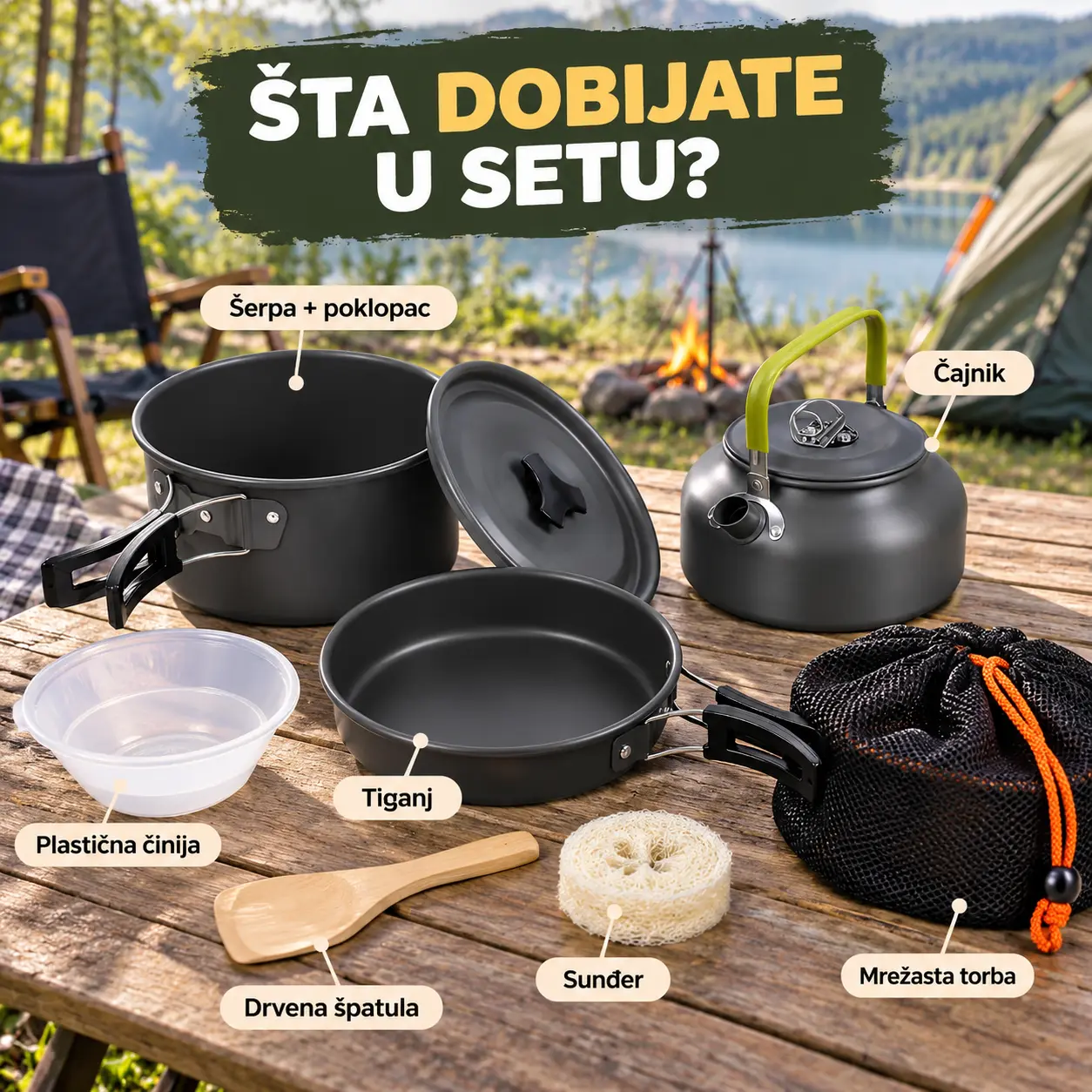 Sadržaj prenosivog seta za kuvanje na otvorenom